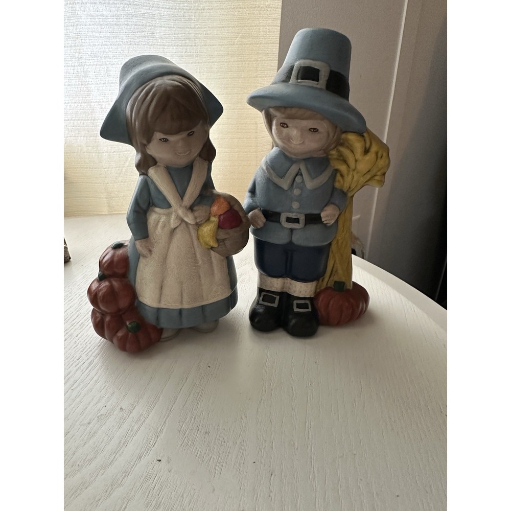 Vintage Ceramic Holland Mold Thanksgiving Pilgrims 6" -- Hand Painted Oct 1980